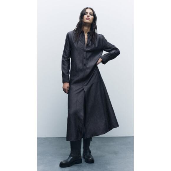 Zara Dark Wash Denim Maxi / Midi Dress Linen Blend Long Sleeve Collar Size Small - Picture 1 of 10